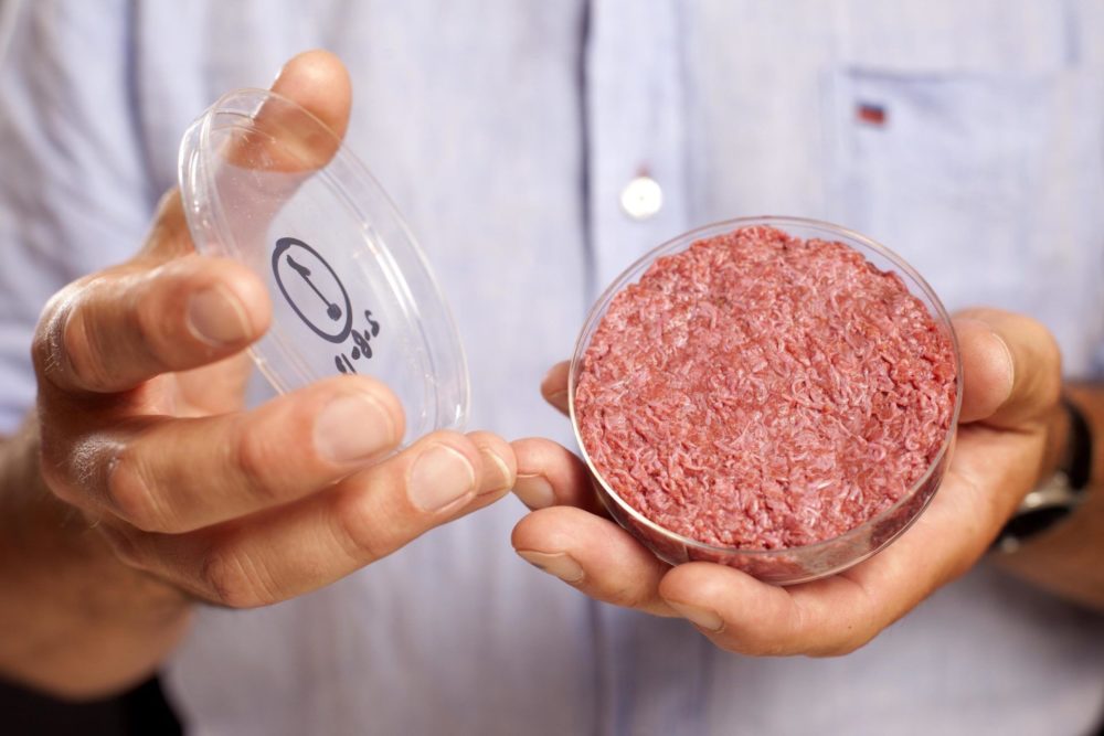 A burger made from cultivated meat developed by Mark Post of Mosa Meat and Maastricht University. Photo credit : David Parry/PA