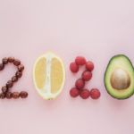 2020 made from healthy food on pastel pink background, Healhty New year resolution diet and lifestyle
