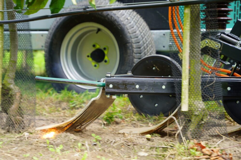 RootWave’s e-weeder zapping weeds in the orchard.