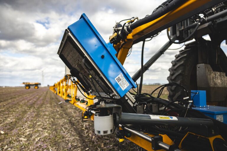 RealCoverage is a unit stacked with cameras that can be bolted onto any sprayer and linked to a tablet in the cab to show the operator what is happening to the droplets in real time. Based on that data and the conditions at the time, the AI-powered system can tell operators how to optimize everything on the sprayer, from which nozzle to use, to pressure, boom height and droplet size, to how fast to drive and how many gallons of spray per acre (GPA) is best for a particular chemical mix on a particular crop in a specific location. Image credit: AgZen
