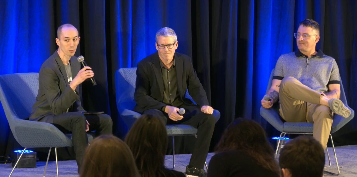 Daniel Blastein-Rejto, Michael Grunwald and Jan Dutkiewicz on stage at the Tufts Future of Food Innovation Day 2026
