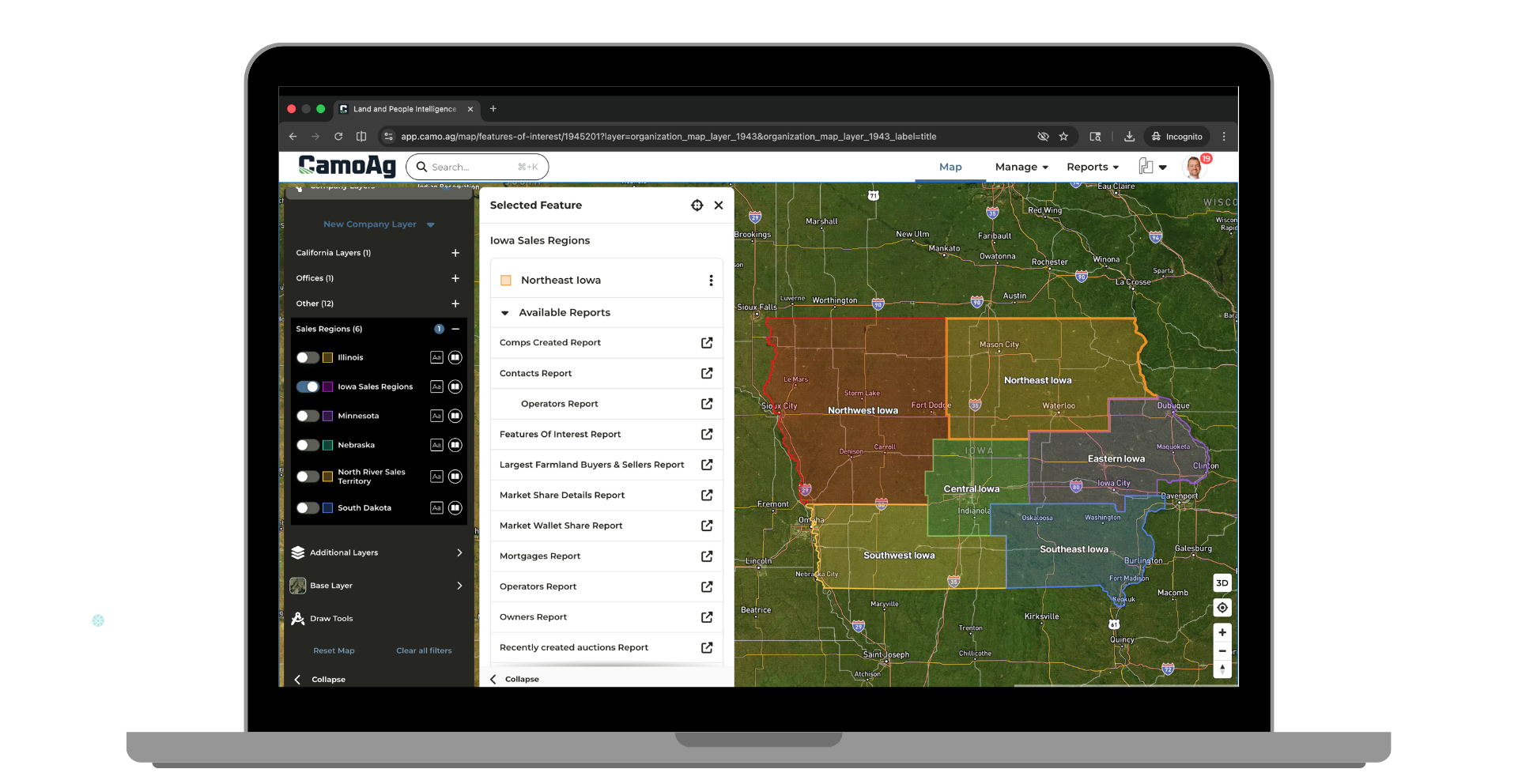 The CamoAg platform features territory mapping tools that allow sales teams to define, visualize and manage specific market regions. Image credit: CamoAg